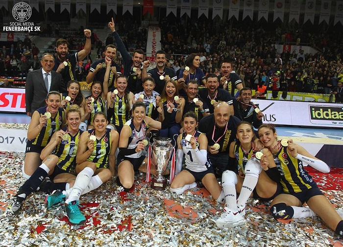 Volleyball player Kim Yeon-koung (center) and her team members celebrate with their trophy after winning the final game of the Turkish Cup on Jan. 18.